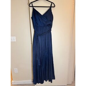 Stacees Navy Blue Satin Maxi Dress SurpliceV-Neck Pleated Formal Bridesmaid Gown